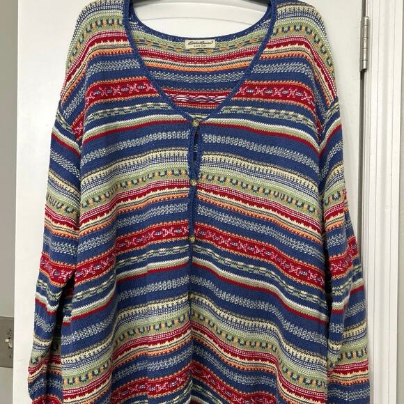 Eddie Bauer Vtg 90s Linen Cotton Knit Sweater Southwestern Boho Cardigan 2X - Picture 3 of 14